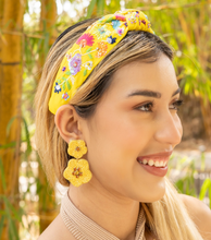 Load image into Gallery viewer, headband for women, yellow Knot headband, yellow floral headband, yellow flowers knotted headband, summer top knot headband, Summer top knotted headband, spring summer knotted headband, Summer hair band, beaded floral knot headband, yellow floral motif headband, statement headbands, top knotted headband, knotted headband, yellow color lover gifts, bird embellished headband, luxury headband, Birthday gifts, Summer Knot headband, Summer knot embellished headband, Mothers day gifts ideas, handmade gifts
