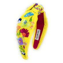 Load image into Gallery viewer, headband for women, yellow Knot headband, yellow floral headband, yellow flowers knotted headband, summer top knot headband, Summer top knotted headband, spring summer knotted headband, Summer hair band, beaded floral knot headband, yellow floral motif headband, statement headbands, top knotted headband, knotted headband, yellow color lover gifts, bird embellished headband, luxury headband, Birthday gifts, Summer Knot headband, Summer knot embellished headband, Mothers day gifts ideas, handmade gifts
