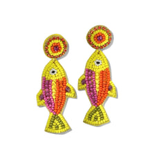 Load image into Gallery viewer, Bright fish-shaped statement earrings featuring yellow, orange, and pink beadwork with playful tropical-inspired details.