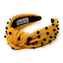 Load image into Gallery viewer, headbands for women, black yellow headband, handmade headbands, black yellow top knotted headband, Pittsburgh knotted headband, Michigan Headband, embellished headband, Yellow pearl headband, black yellow headband, football headband, jeweled headband, knotted jeweled headband, warriors football headband, Panthers knot headband, Steelers knot headband, pearly headbands, Steelers headband, game day hair accessories, game day headband, football headbands, steelers colors, best selling items
