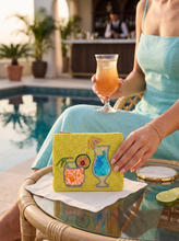 Load image into Gallery viewer, Colorful hand beaded cocktail pouch featuring a martini glass and citrus drink, perfect for happy hour and resort accessories.