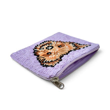 Load image into Gallery viewer, A lavender purple zippered pouch featuring a detailed beaded Yorkie dog design in brown, black, and white on the front, shown on a clean white background.