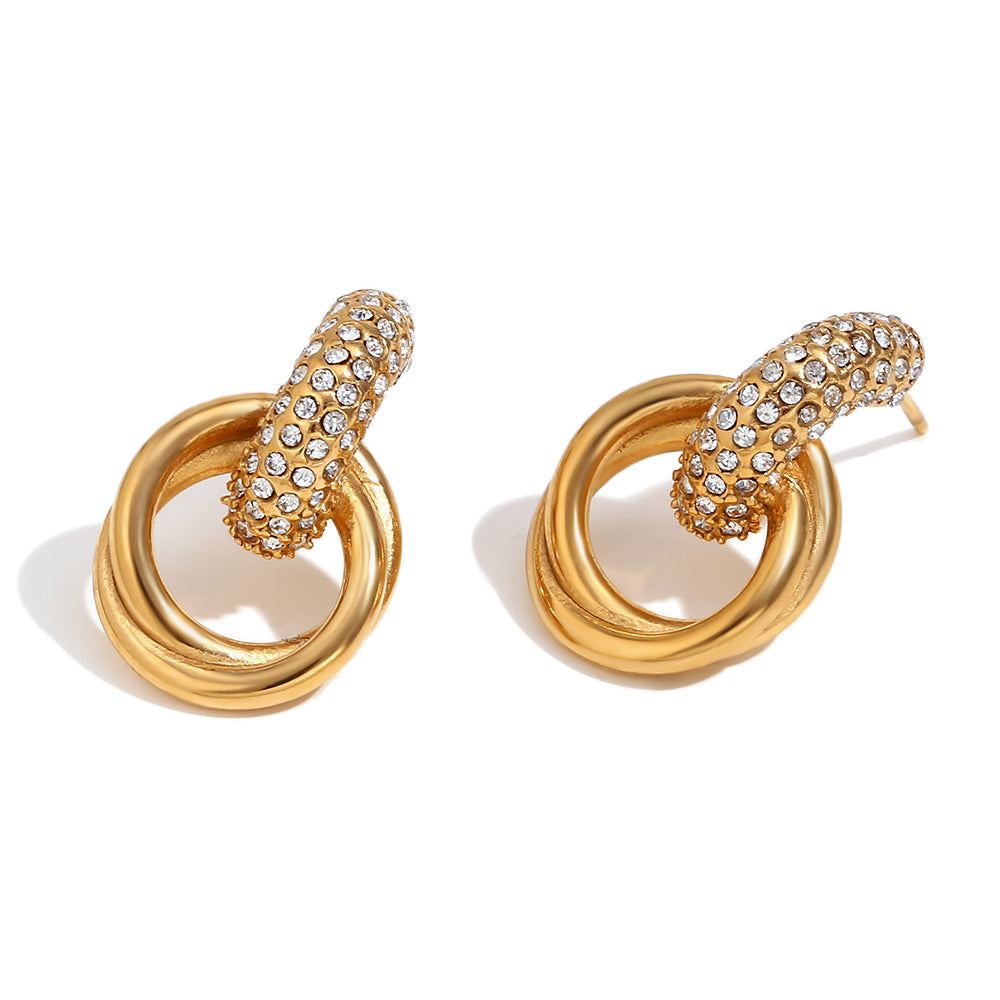 18k Gold plated stud earrings with embedded crystals on a white background