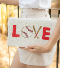 Load image into Gallery viewer, A fashionable bag showcasing the word 'LOVE' with baseball imagery.