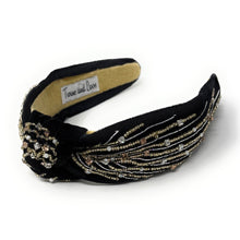 Load image into Gallery viewer, A decorative black headband with intricate beadwork featuring gold and silver embellishments on a fabric base, adding an elegant and sophisticated touch.