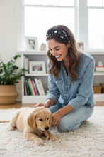 Load image into Gallery viewer, A smiling woman holding a coffee cup, dressed in a denim shirt and a fashionable headband