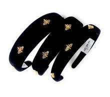 Load image into Gallery viewer, oft black fabric headband with golden bee accents