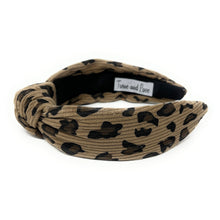 Load image into Gallery viewer, headband for woman, leopard headband, animal print headband, best selling items, corduroy headbands, beige headband, beige top knot headband, woven top knot headband, animal print accessories, trendy headbands, leopard to knot headband, animal print headband, beige knotted headband, brown print top knot headband, handmade headbands, top knotted headband, knotted headband, leopard print headband, brown top knotted headband, leopard headband, corduroy knot headband, leopard print headband