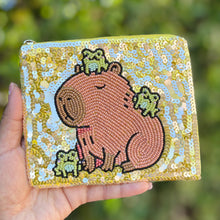 Load image into Gallery viewer, Colorful capybara clutch bag with sequins and frog design