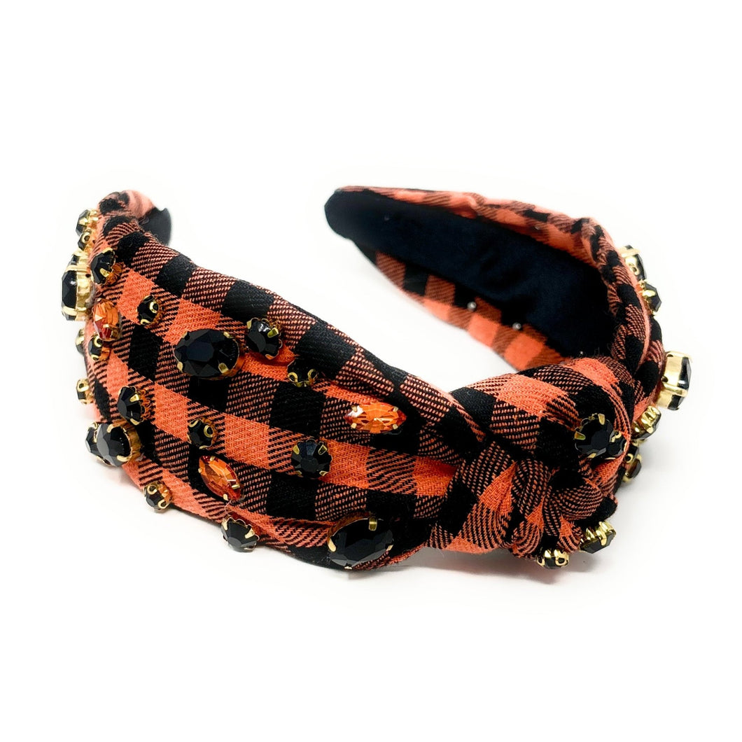 Halloween Jeweled Headband, Halloween Knotted Headband, black orange Knotted Headband, Halloween Hair Accessories, checkered Headband, Best Seller, headbands for women, best selling items, knotted headband, hairbands for women, Halloween gifts, halloween knot Headband, Halloween accessories, custom headband, Halloween headband, Statement headband, Halloween gifts, jeweled knot headband, Jeweled headband, halloween Embellished headband, black gingham embellished headband