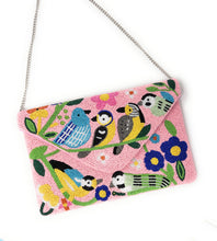 Load image into Gallery viewer,  A colorful beaded clutch featuring various birds and floral designs.