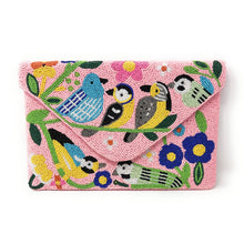 Load image into Gallery viewer, Vibrant pink clutch with colorful bird and flower embroidery