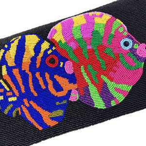 Colorful, beaded clutch with two fish designs. The fish feature vibrant stripes in blue, yellow, pink, green, and orange against a dark background made of seed beads.