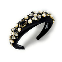 Load image into Gallery viewer, Decorative black headband featuring pearls and gems