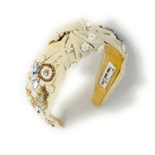 Load image into Gallery viewer, Luxury beaded headband in beige with floral embellishments.