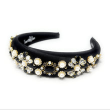 Load image into Gallery viewer, Elegant black headband adorned with pearls and crystals.