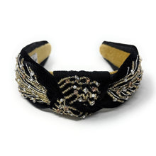 Load image into Gallery viewer, A decorative black headband with intricate beadwork featuring gold and silver embellishments on a fabric base, adding an elegant and sophisticated touch.