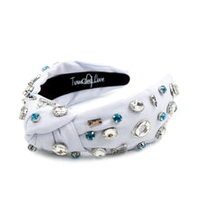 Load image into Gallery viewer, Elegant white headband adorned with sparkling rhinestones and turquoise accents.