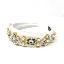 Load image into Gallery viewer, Elegant white headband adorned with pearls and crystals.