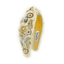 Load image into Gallery viewer,  Elegant beige embellished headband with floral design and pearls.
