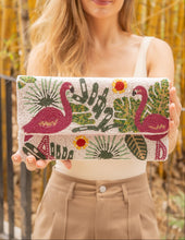Load image into Gallery viewer, Beautiful summer clutch adorned with flowers and flamingos.