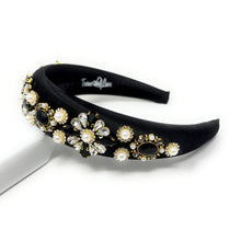 Load image into Gallery viewer, Floral embellished black headband featuring shiny gems.
