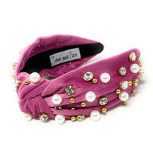 Load image into Gallery viewer, headbands for women, Wide headband, handmade headbands, top knotted headband, knotted headband, hair band for women, embellished headband, rhinestone headband, gemstone headband for women, luxury headband, jeweled headband for women, knotted jeweled headband, bling headband, embellished knot headband, luxury knot headband, pearly headbands, pearly rhinestone headband, fall hair accessories, fall headbands, winter headbands, velvet jeweled headband, embellished headband, best selling items