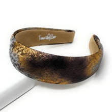 Load image into Gallery viewer, Brown, gold, and black hues, with a smooth, plush texture headband 