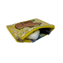 Load image into Gallery viewer, A golden zipper bag adorned with a capybara and frog motif made of sequins.