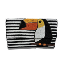 Load image into Gallery viewer, Hand-beaded toucan clutch with black and white striped background