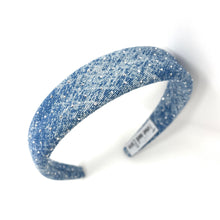 Load image into Gallery viewer, Blue denim headband with small rhinestones, casual and stylish look.