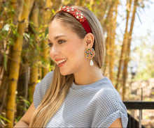 Load image into Gallery viewer, Vibrant multicolor earrings complementing a casual outfit.