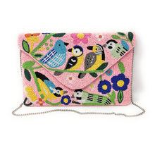 Load image into Gallery viewer, Elegant pink clutch adorned with colorful embroidery of birds and flowers