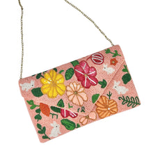 Load image into Gallery viewer, A beautiful floral beaded clutch bag with colorful flowers and rabbits.