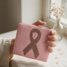Load image into Gallery viewer, Pink hand beaded pouch featuring a detailed breast cancer awareness ribbon