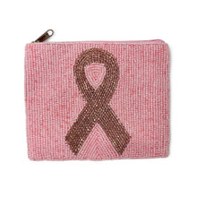 Load image into Gallery viewer, Hand beaded pink pouch with rose gold breast cancer awareness ribbon design
