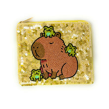 Load image into Gallery viewer, Handheld sequined purse featuring a cute capybara and frogs