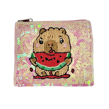Load image into Gallery viewer, Sequined wallet featuring a capybara and watermelon
