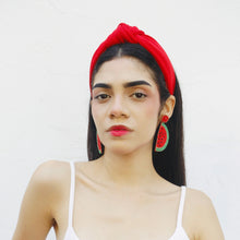 Load image into Gallery viewer, A stylish outfit featuring a red headband and watermelon-themed earrings.