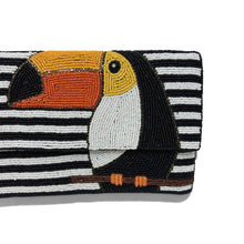 Load image into Gallery viewer, Close-up of colorful hand-beaded toucan design on black and white clutch