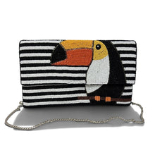Load image into Gallery viewer, Hand-beaded toucan clutch with detachable silver chain strap