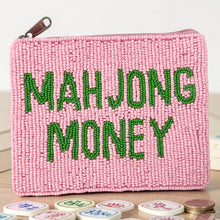 Load image into Gallery viewer, Unique pink pouch with green lettering 'MAHJONG MONEY'