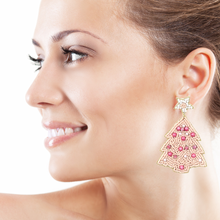 Load image into Gallery viewer,  Christmas tree Beaded Earrings, Christmas Earrings, Holiday Earrings, Christmas Pink Beaded Earrings, Seed Bead, Merry Christmas, red earrings, red beaded earrings, Christmas beaded earrings, Chocolate beaded earrings, holiday beaded earrings, holiday earrings, red holiday earrings, Hot cocoa earrings, hot chocolate earrings, holiday gifts, holiday accessories, holiday beaded accessories, Holiday red accessories, Holiday Christmas earrings, Christmas gifts, Best seller, best Selling items