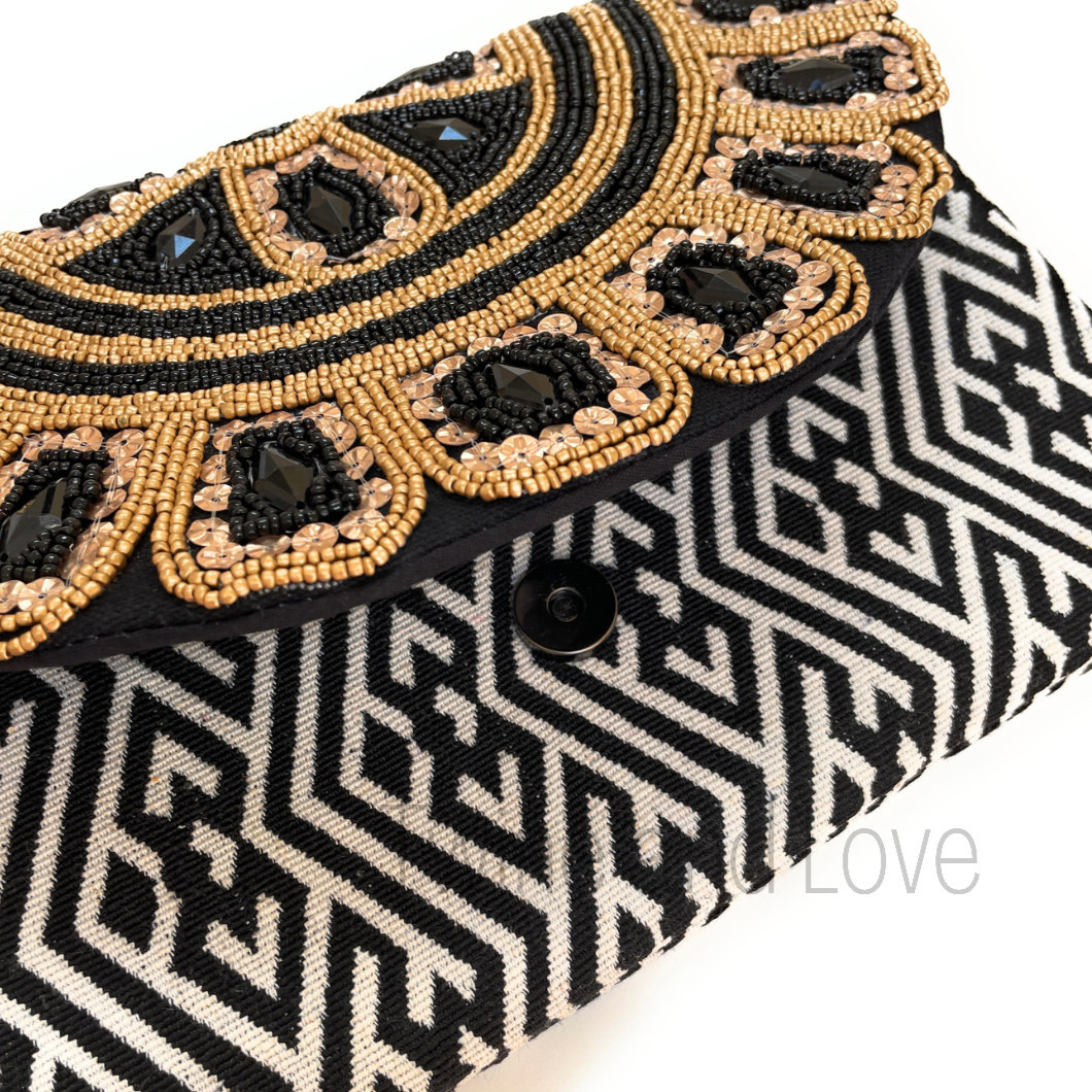 Gold Black Beaded Clutch, Crossbody Clutch Bag, Seed Beaded Clutches