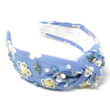 Load image into Gallery viewer, Handmade floral statement headbands adorned with white and yellow flower appliqués, sequins, and intricate embroidery accents.