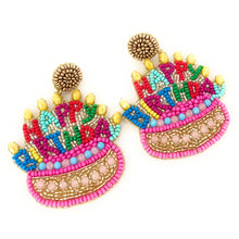 Load image into Gallery viewer, Fun celebration earrings crafted in a birthday cake design with bright colors, gold accents, and intricate handcrafted details.
