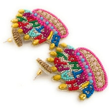 Load image into Gallery viewer, Handmade beaded birthday cake earrings adorned with vibrant pink, blue, yellow, and green details for a festive celebration look.