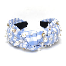 Load image into Gallery viewer, headbands for women, Wide headband, handmade headbands, top knotted headband, knotted headband, hair band for women, embellished headband, rhinestone headband, gemstone headband for women, luxury headband, jeweled headband for women, knotted jeweled headband, bling headband, embellished knot headband, luxury knot headband, pearly headbands, pearly rhinestone headband, spring hair accessories, easter headbands, spring headbands, Gingham jeweled headband, embellished headband, best selling items