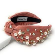 Load image into Gallery viewer, headbands for women, Wide headband, handmade headbands, top knotted headband, knotted headband, hair band for women, embellished headband, rhinestone headband, gemstone headband for women, luxury headband, jeweled headband for women, knotted jeweled headband, bling headband, embellished knot headband, luxury knot headband, pearly headbands, pearly rhinestone headband, fall hair accessories, fall headbands, winter headbands, velvet jeweled headband, embellished headband, best selling items