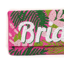 Load image into Gallery viewer, Colorful bridal beaded handbag with intricate tropical leaf detailing and large “Bride” lettering, perfect for bachelorette parties, bridal showers, and wedding celebrations.
